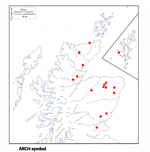 Map of arch symbol locations - mao of Scotland with red dots of stones mostly located in the East